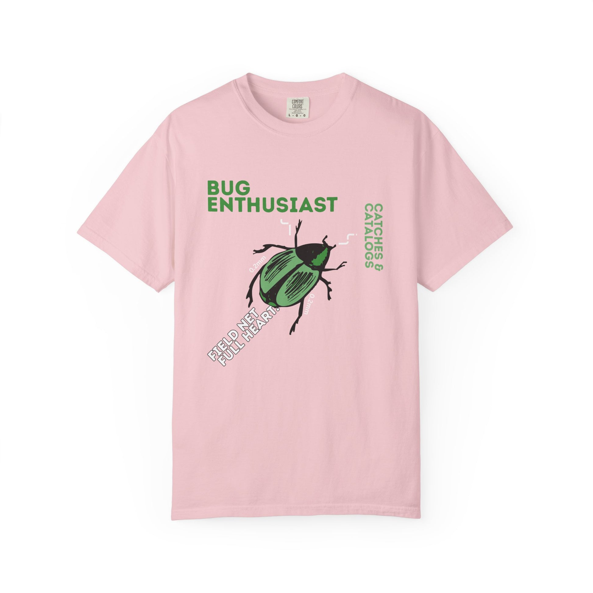 Insect lover gift idea green beetle graphic tee flat lay on wood surface