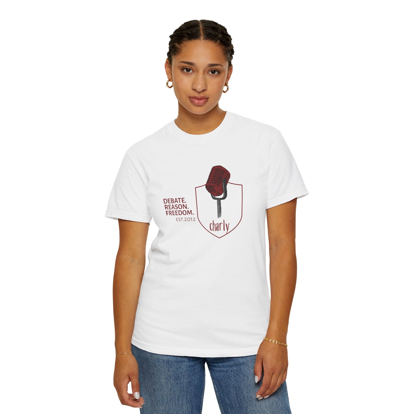 Intellectual discourse tee with vintage mic shield print available in multiple colors