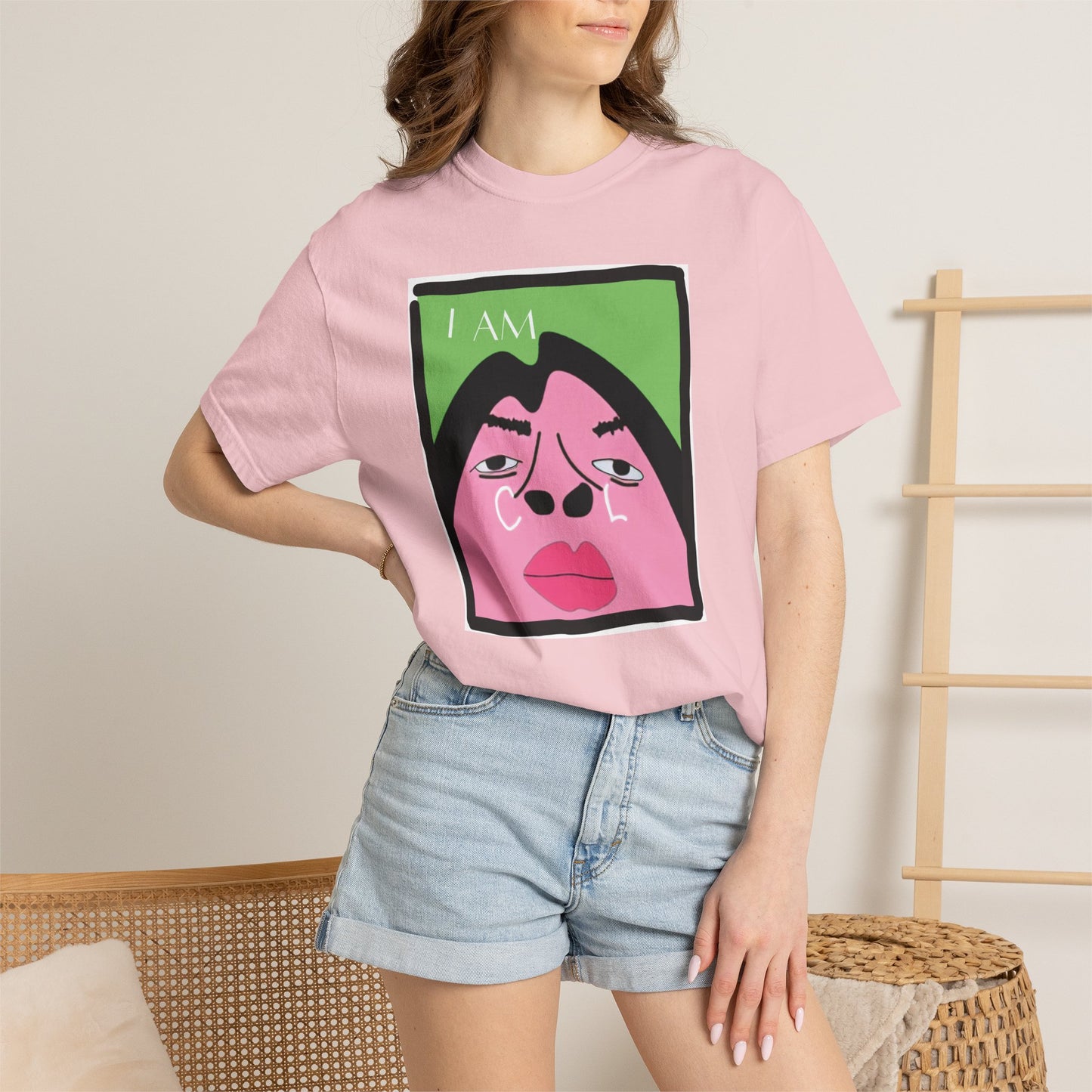 Ironic self-awareness I Am Cool shirt worn by model smiling