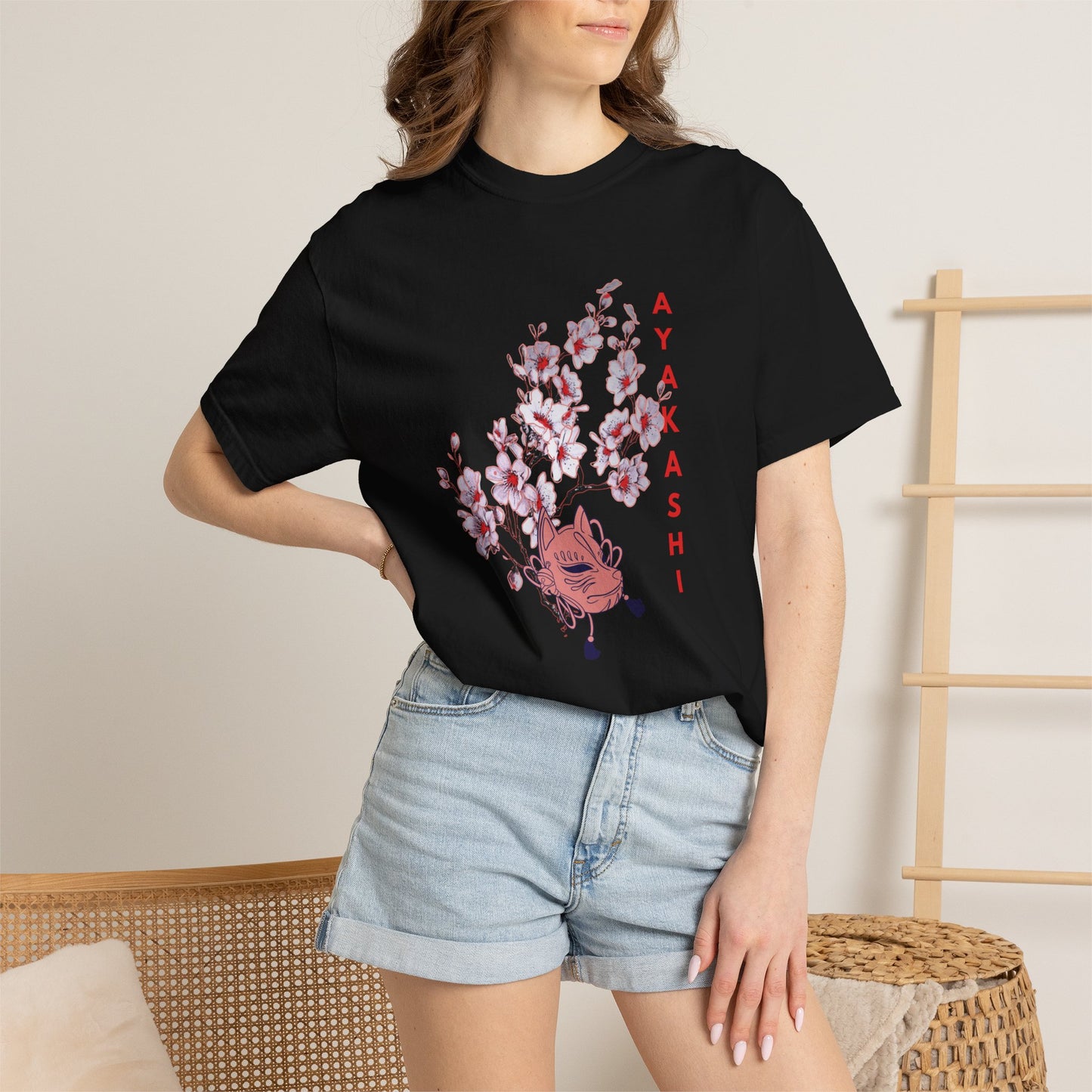 Japanese-inspired illustrated tee with soft washed finish and floral yokai design