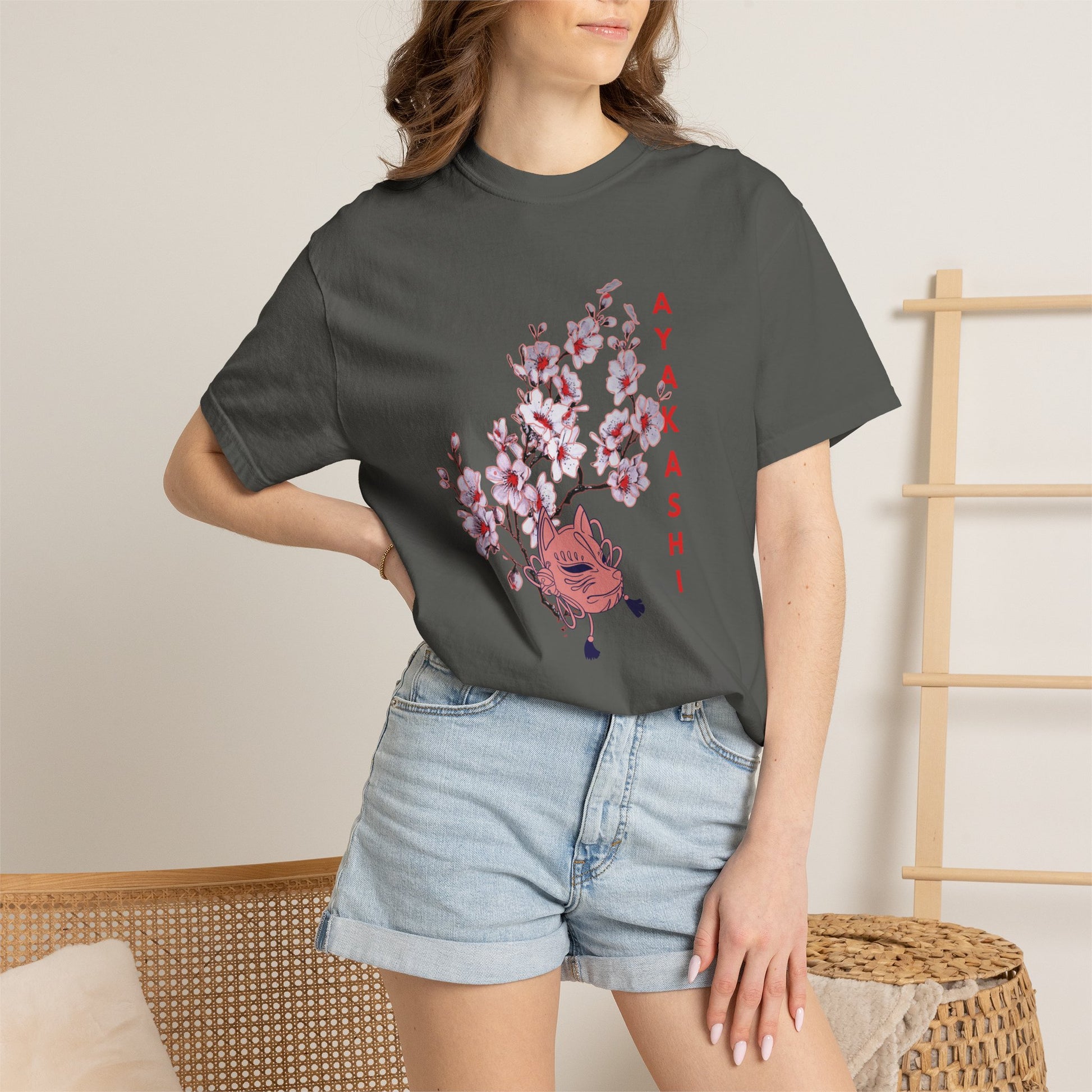 Japanese art-inspired heavyweight shirt with vertical lettering and floral folklore print