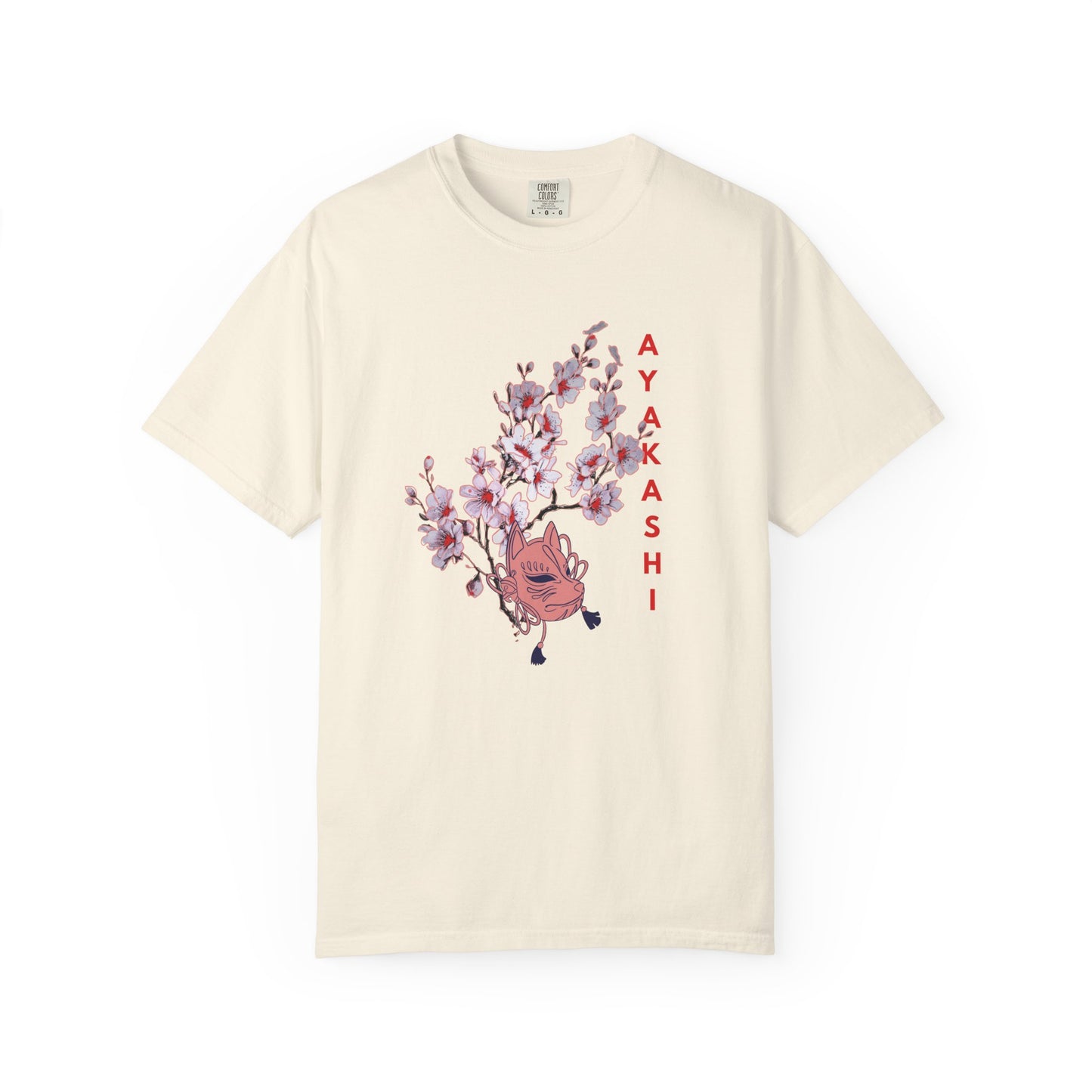 Japanese folklore-inspired graphic tee featuring a yokai mask and floral sweep design