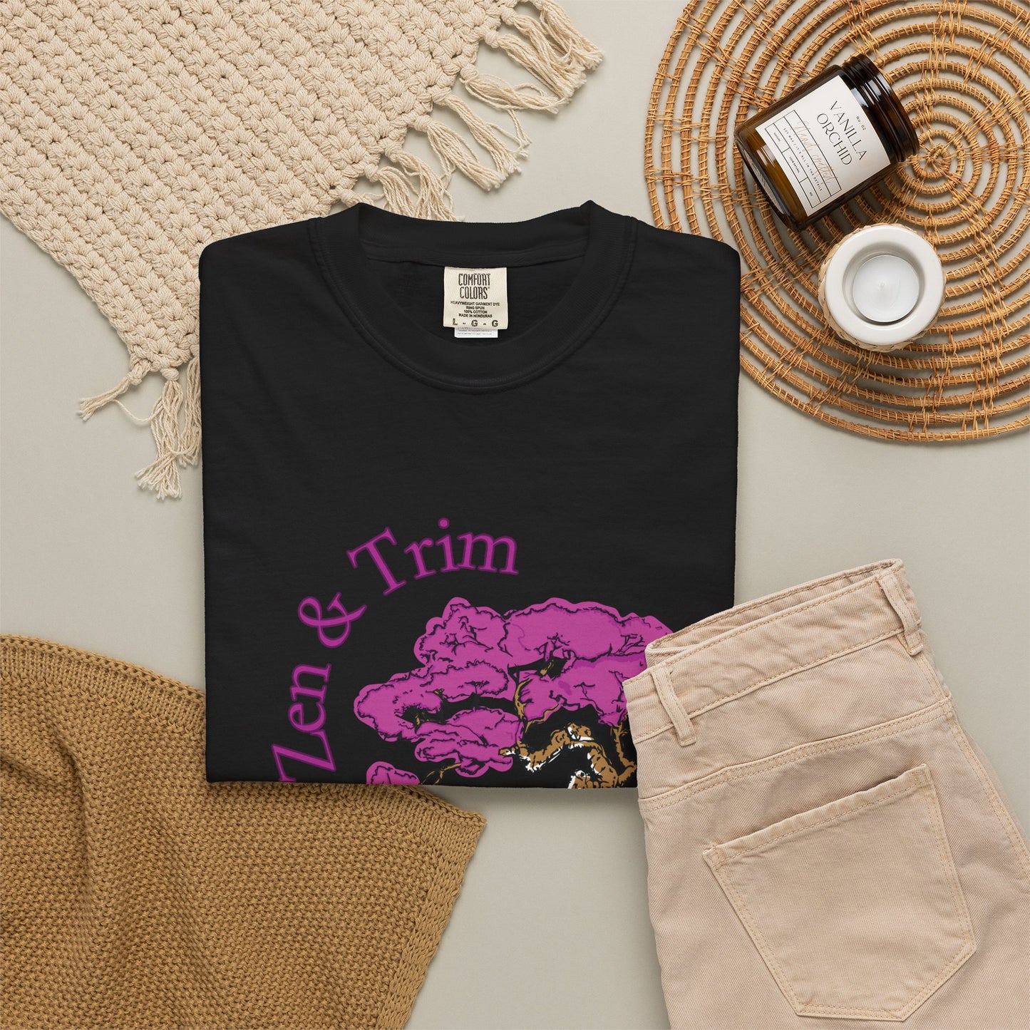 Japanese plant art graphic shirt with flowering bonsai tree and zen quote