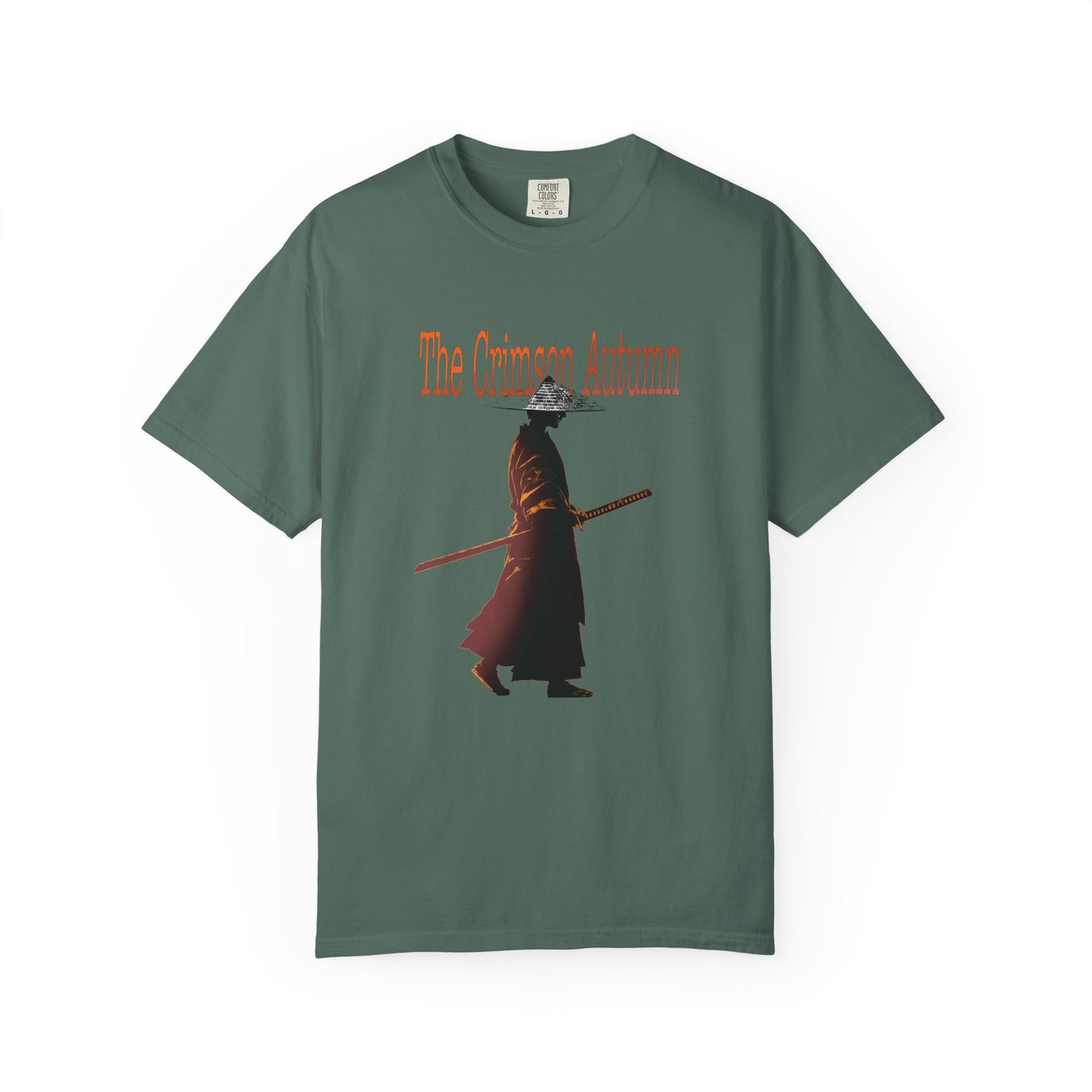 Japanese warrior t-shirt showing samurai in iron jingasa war hat
