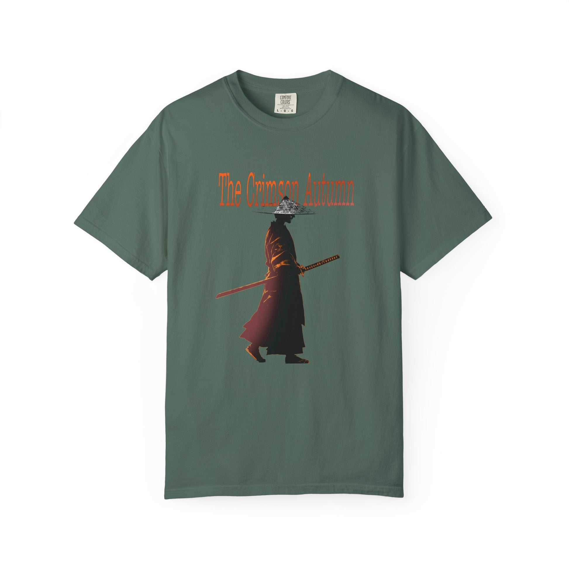 Japanese warrior t-shirt showing samurai in iron jingasa war hat

