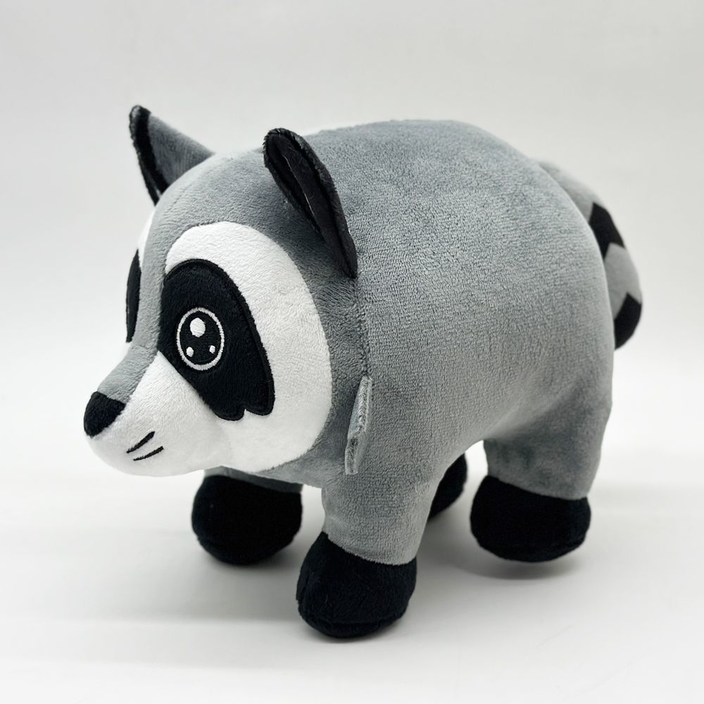 Jimothy raccoon plush front view, soft handmade stuffed animal