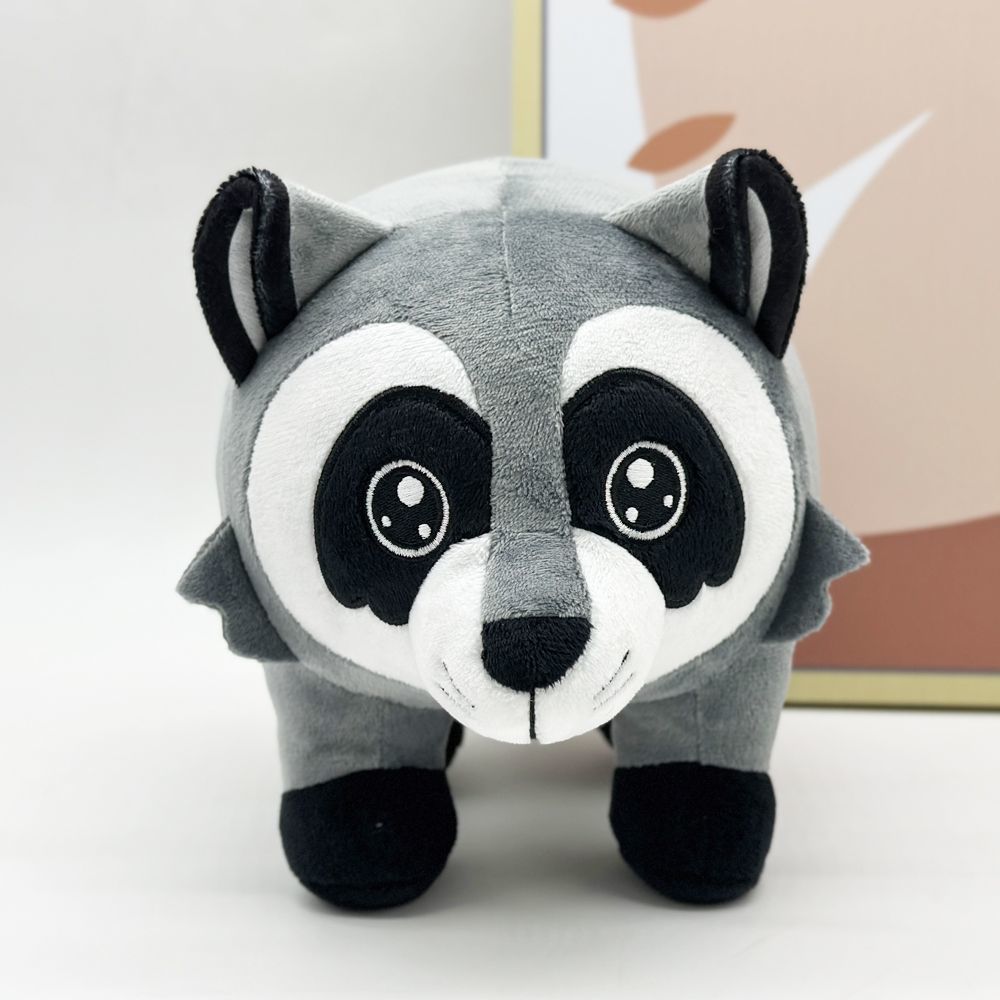 Jimothy stuffed animal side profile highlighting short spine raccoon form