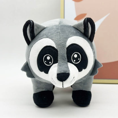 Jimothy stuffed animal side profile highlighting short spine raccoon form