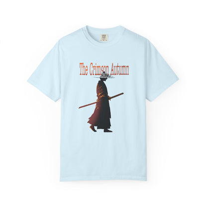 Katana graphic tee with lone samurai among falling autumn leaves
