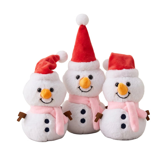 Kawaii Christmas snowman mini plush toy with pastel pink scarf and red Santa hat 12cm