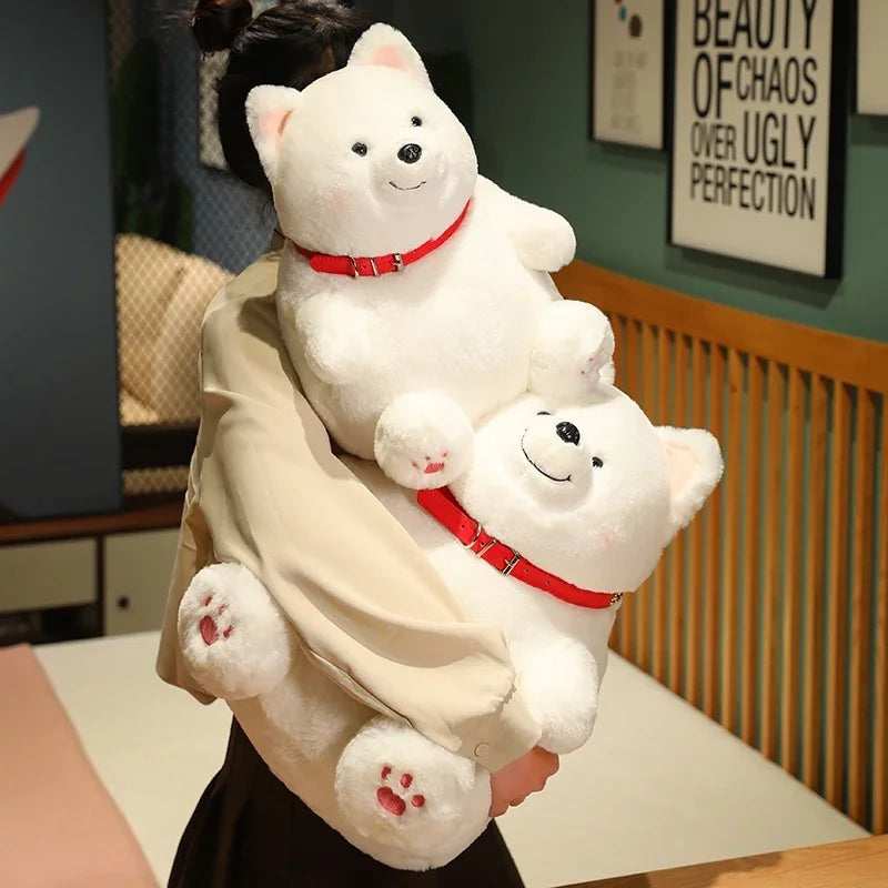 Kawaii Samoyed plushie on shelf desk display