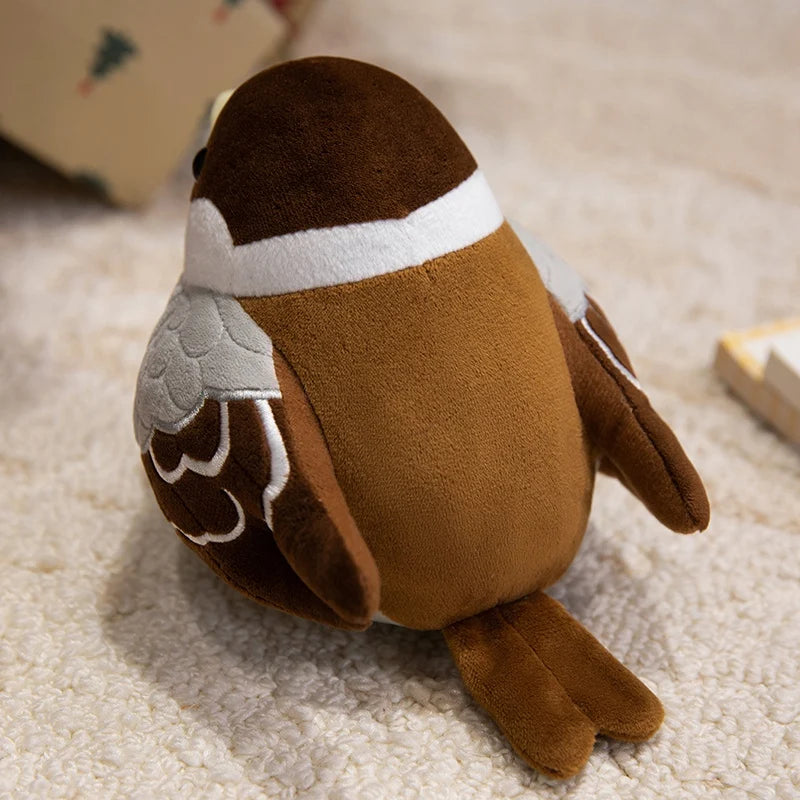 Kawaii bird plush sparrow toy side view showing round chubby shape