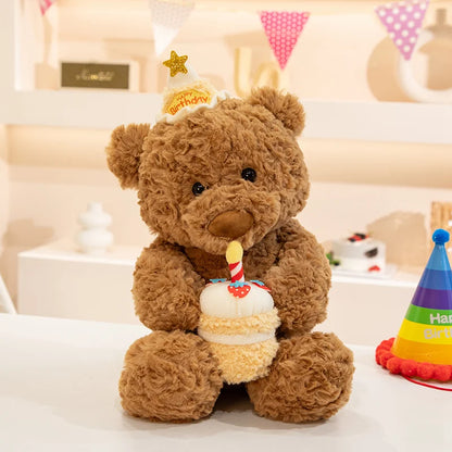 Kawaii birthday bear plush toy holding soft cupcake with candle 40cm brown stuffed animal