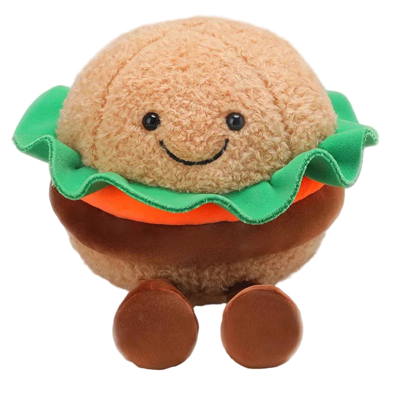 Kawaii burger plush with dangling legs and smiling face close up detail