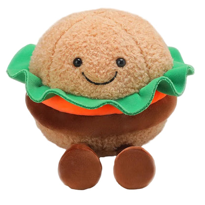 Kawaii burger plush with dangling legs and smiling face close up detail
