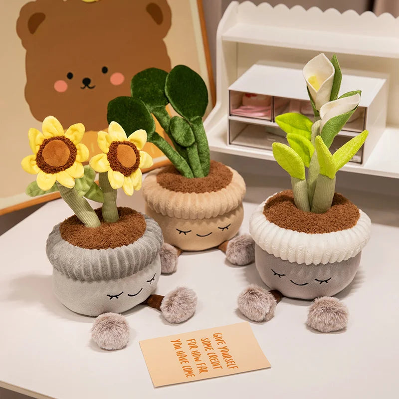 Kawaii calla lily plush potted plant smiling face dangling legs white flower decor 30cm