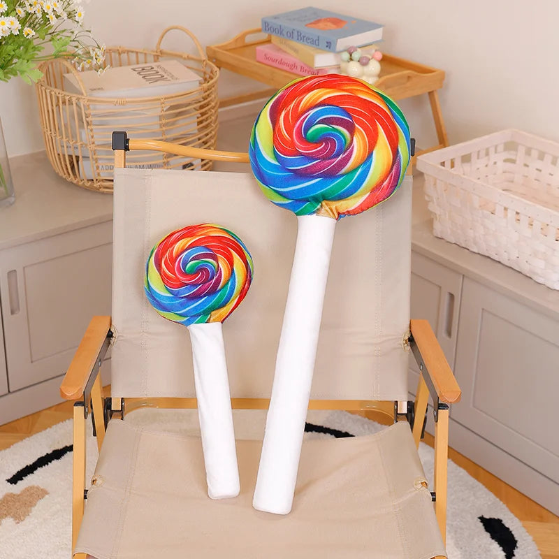 Kawaii candy pillow 70cm shown from above displaying full rainbow color swirl from top view