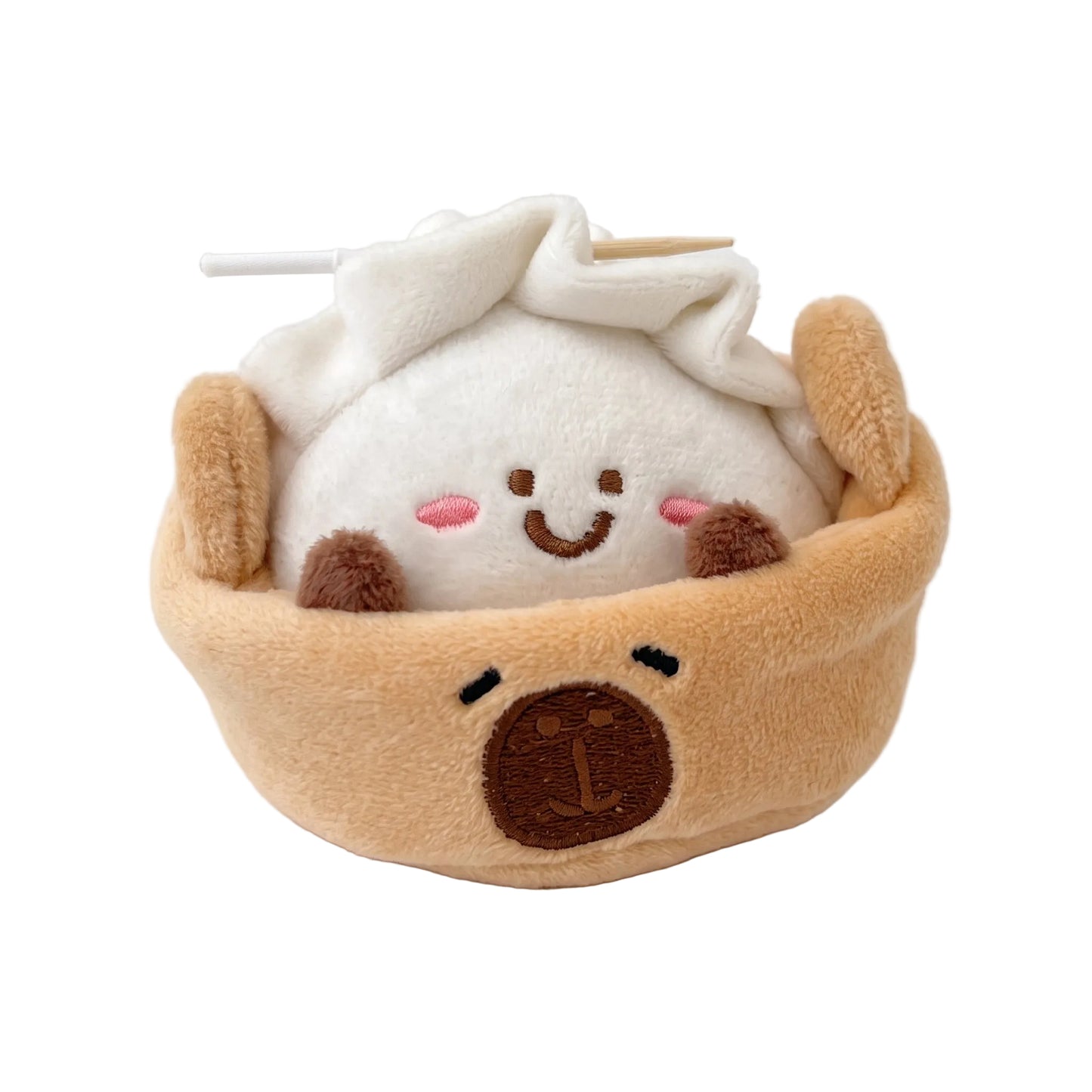 Kawaii capybara dumpling plush keychain with smiling dim sum character inside bamboo steamer basket 7cm