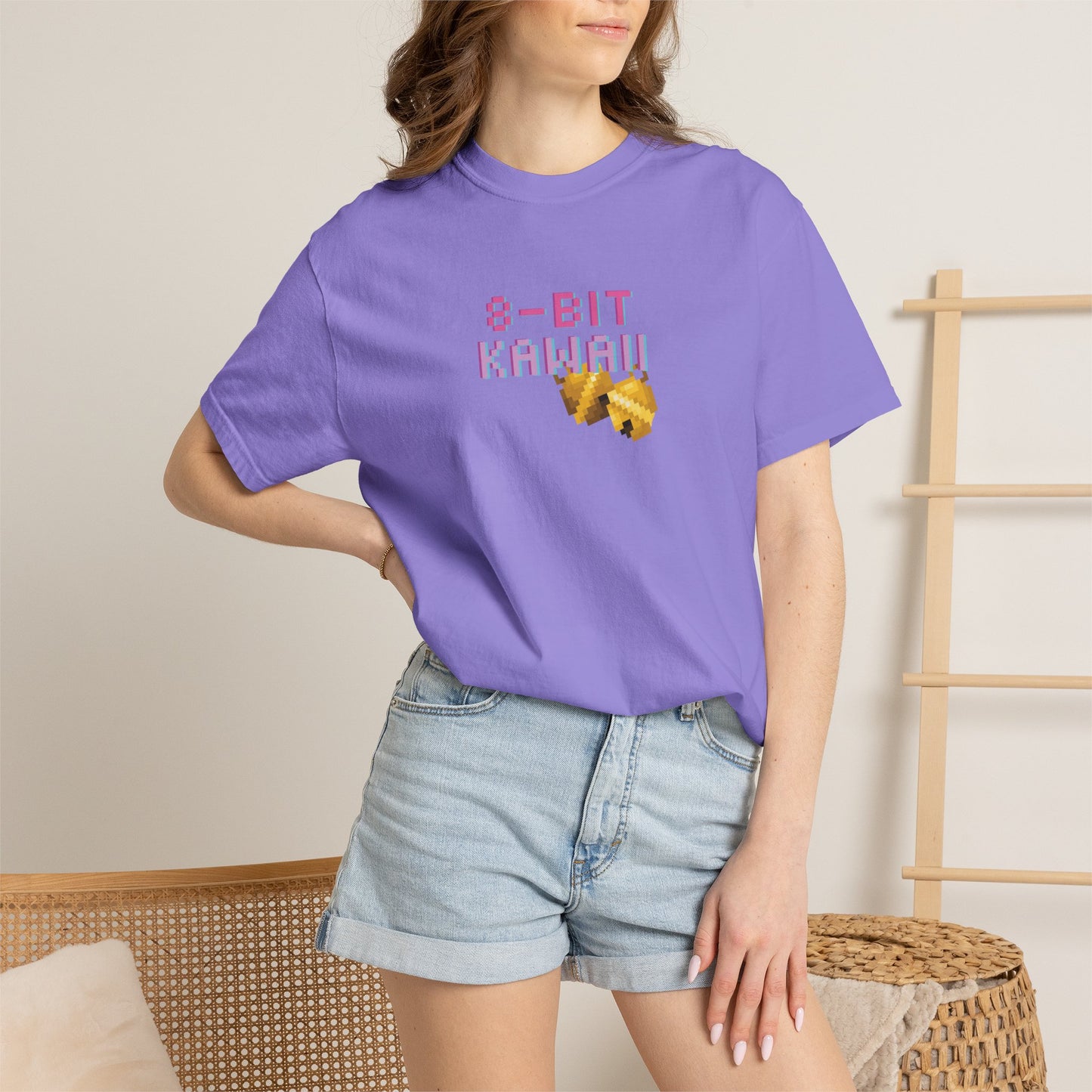 Kawaii cat girl tee front and back flat lay comparison
