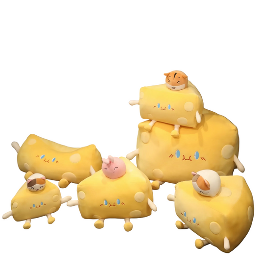 Kawaii cheese plush toy with smiling cartoon face on white background