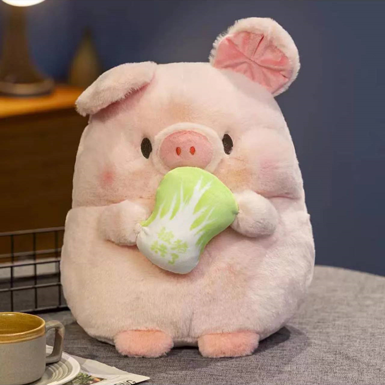 Kawaii chicken plush toy chubby handmade stuffed animal in 25 cm size on a pastel background