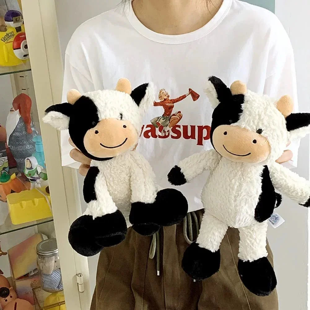 Kawaii cow plush 30cm size displayed on a cozy bedroom shelf