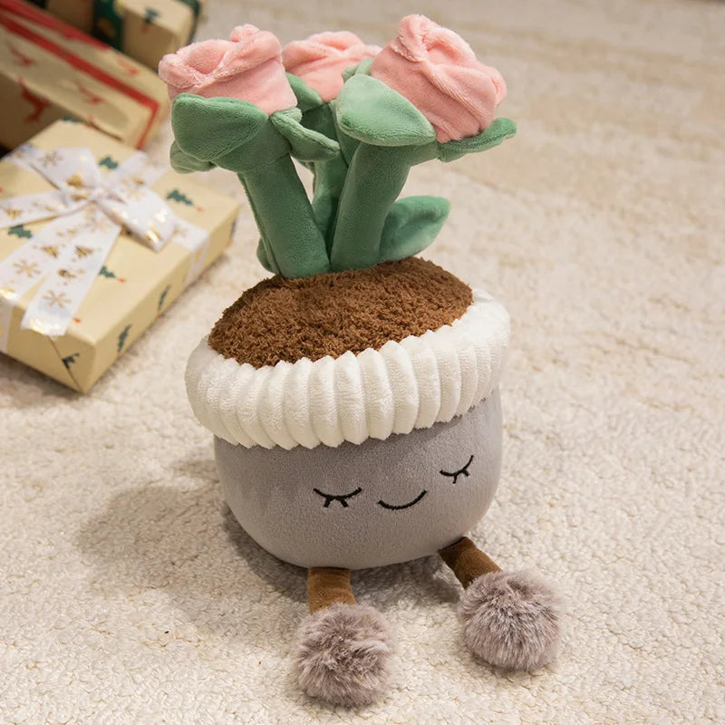 Kawaii desk ornament stuffed potted flower plushie smiling face dangle legs close up