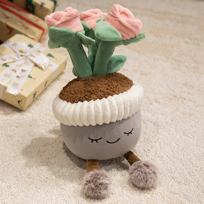 Kawaii desk ornament stuffed potted flower plushie smiling face dangle legs close up