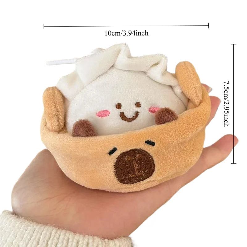 Kawaii dim sum toy capybara steamer basket keychain clipped to backpack zipper
