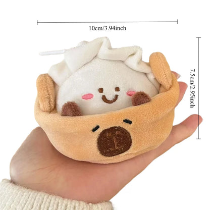 Kawaii dim sum toy capybara steamer basket keychain clipped to backpack zipper