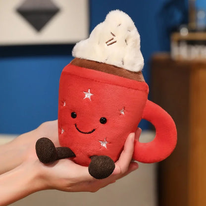 Kawaii food plush hot chocolate cup collectible displayed on a cozy bedroom shelf