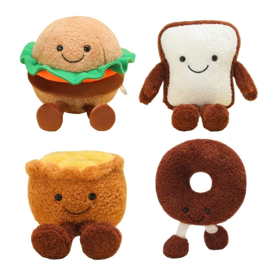 Kawaii food plushies with cute cartoon faces on white background