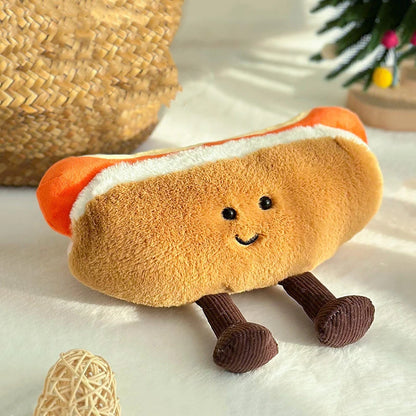 Kawaii hot dog plush toy smiling face corduroy legs detail close up