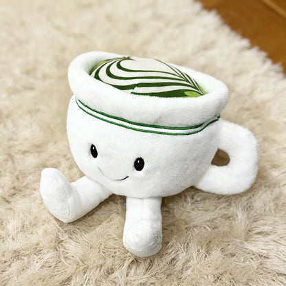 Kawaii matcha plushie green tea cup soft toy front view
