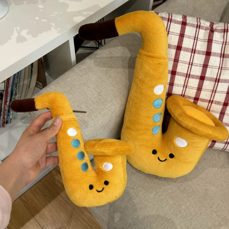 Kawaii music plushie saxophone smiling face expressive eyes detail