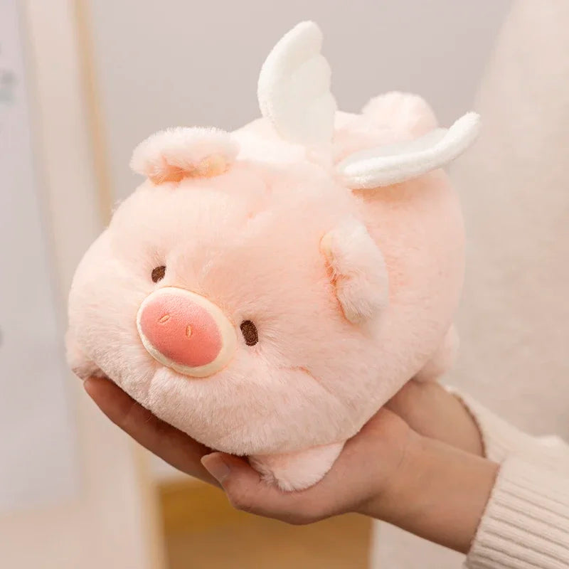 Kawaii pig plush handmade sleeping angel piggy 20cm size on white background