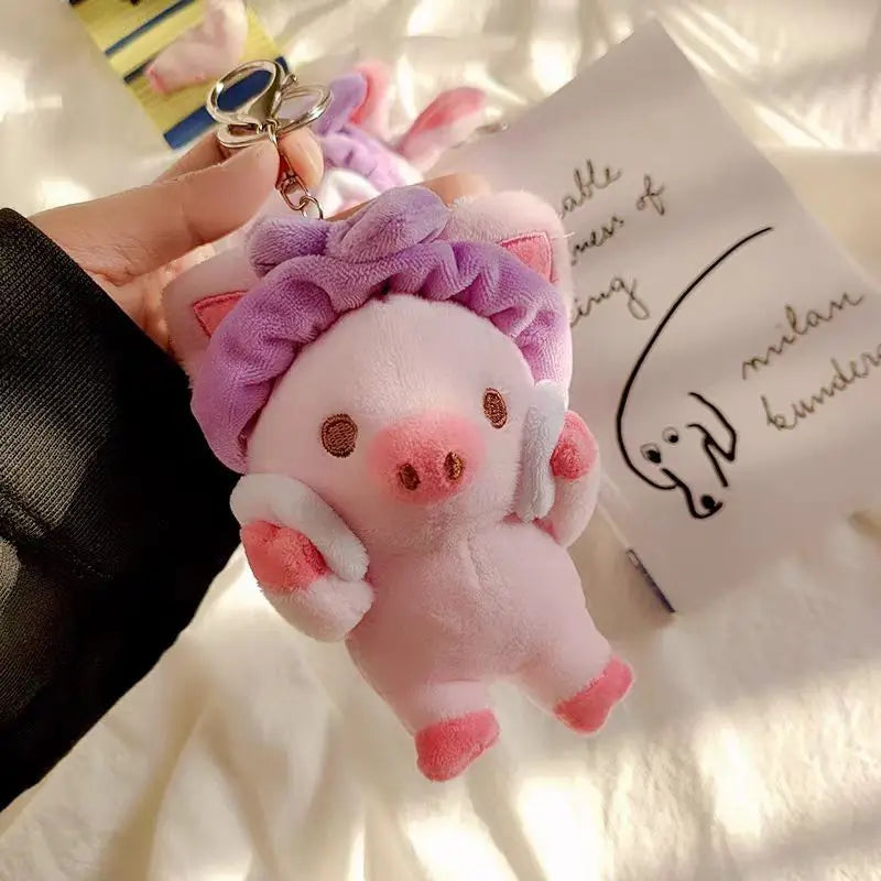 Kawaii pig plushie spa day skincare collection display on vanity shelf