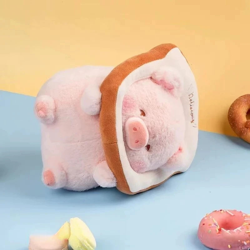 Kawaii piglet plush side view highlighting round body and embroidered face
