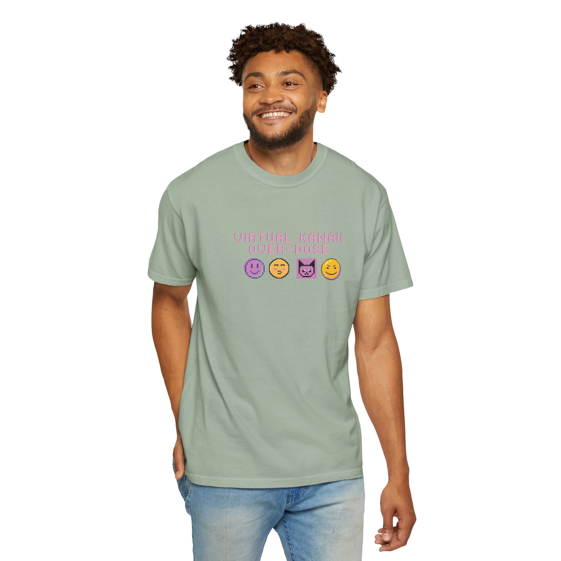 Kawaii pixel art shirt worn with low-rise jeans in a streetwear flat lay
