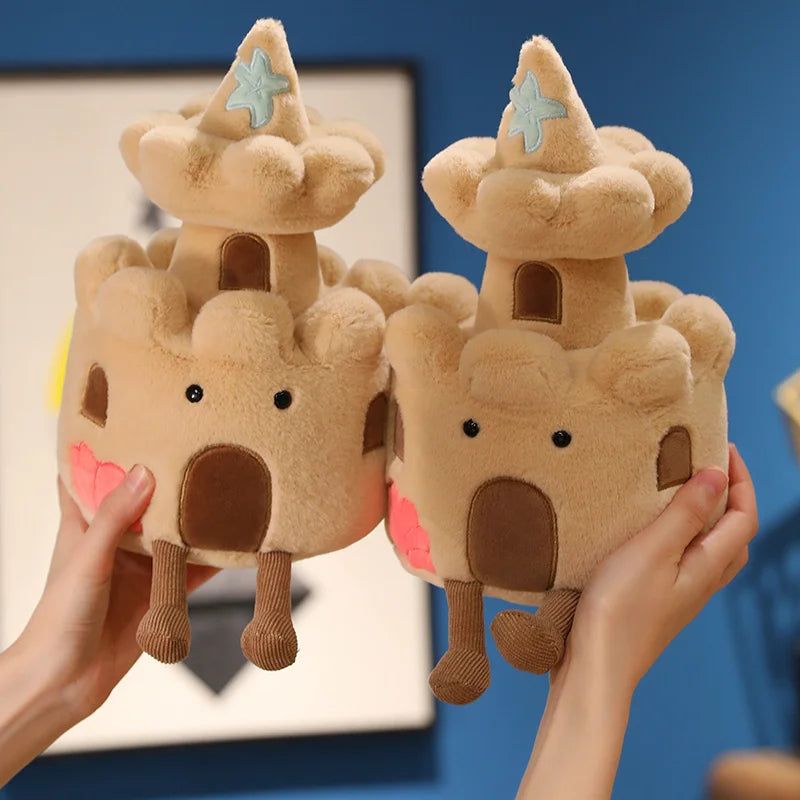 Kawaii plush beach castle on pastel desk decor flat lay