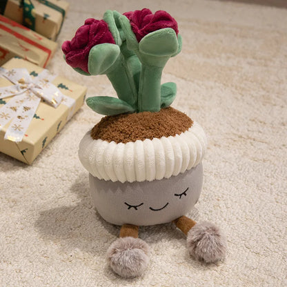 Kawaii plush potted plant collection all 13 variants smiling face dangle legs shelf display