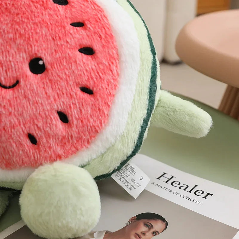 Kawaii plushie gift wrapped with ribbon featuring watermelon design