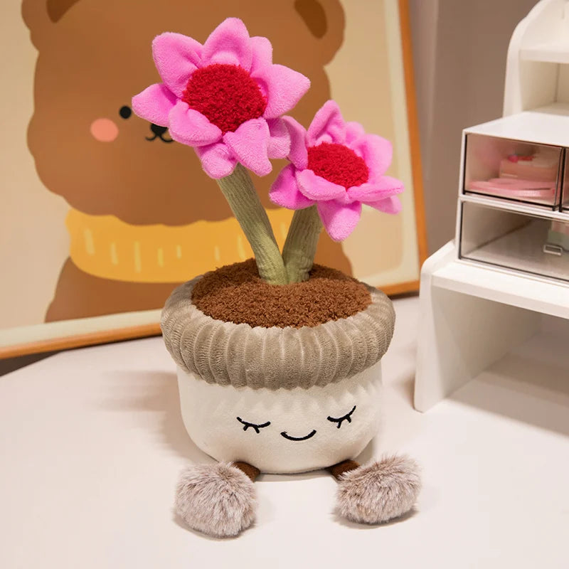 Kawaii plushie home decor shelf styling dangle legs stuffed potted plants pink aesthetic
