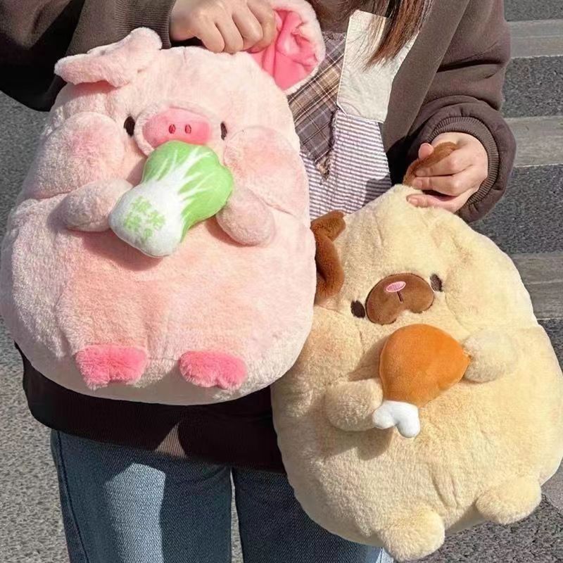 Kawaii plushies chicken rabbit pug and pig all four characters arranged together as a gift set display
