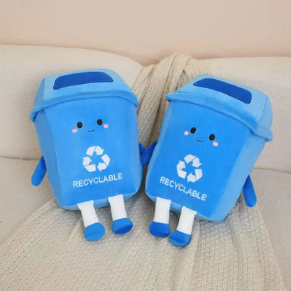 Kawaii recycle bin plush toy close up showing soft plush texture detail