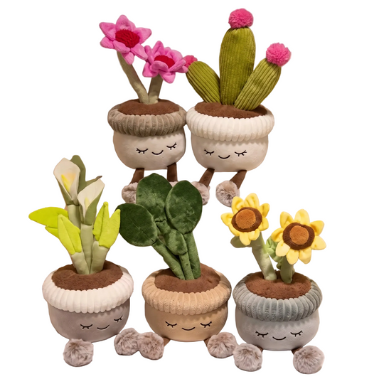 Kawaii red rose plush potted plant with cute smiling face and dangling legs 30cm room decor