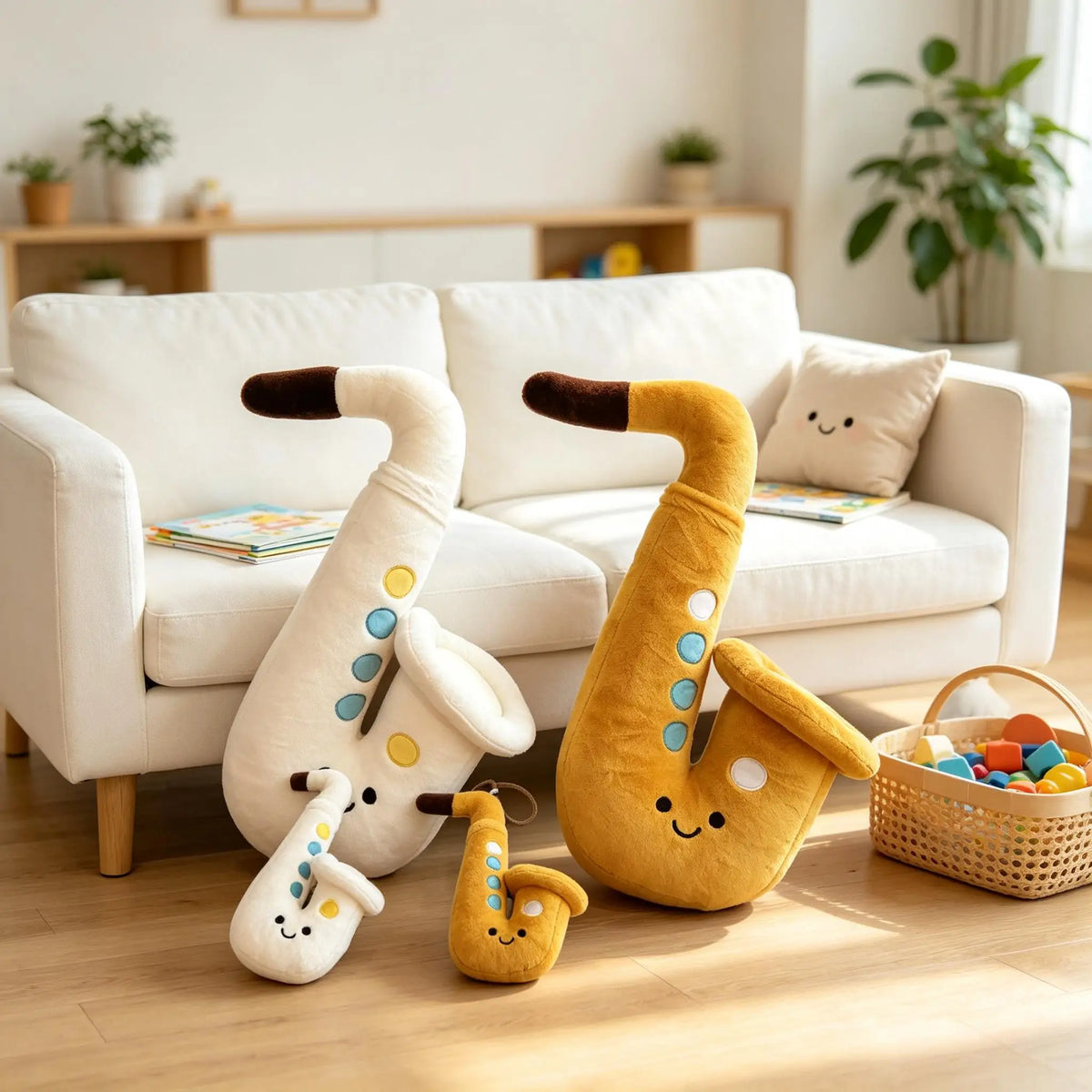 Kawaii saxophone plushie brown color 20cm pendant front view
