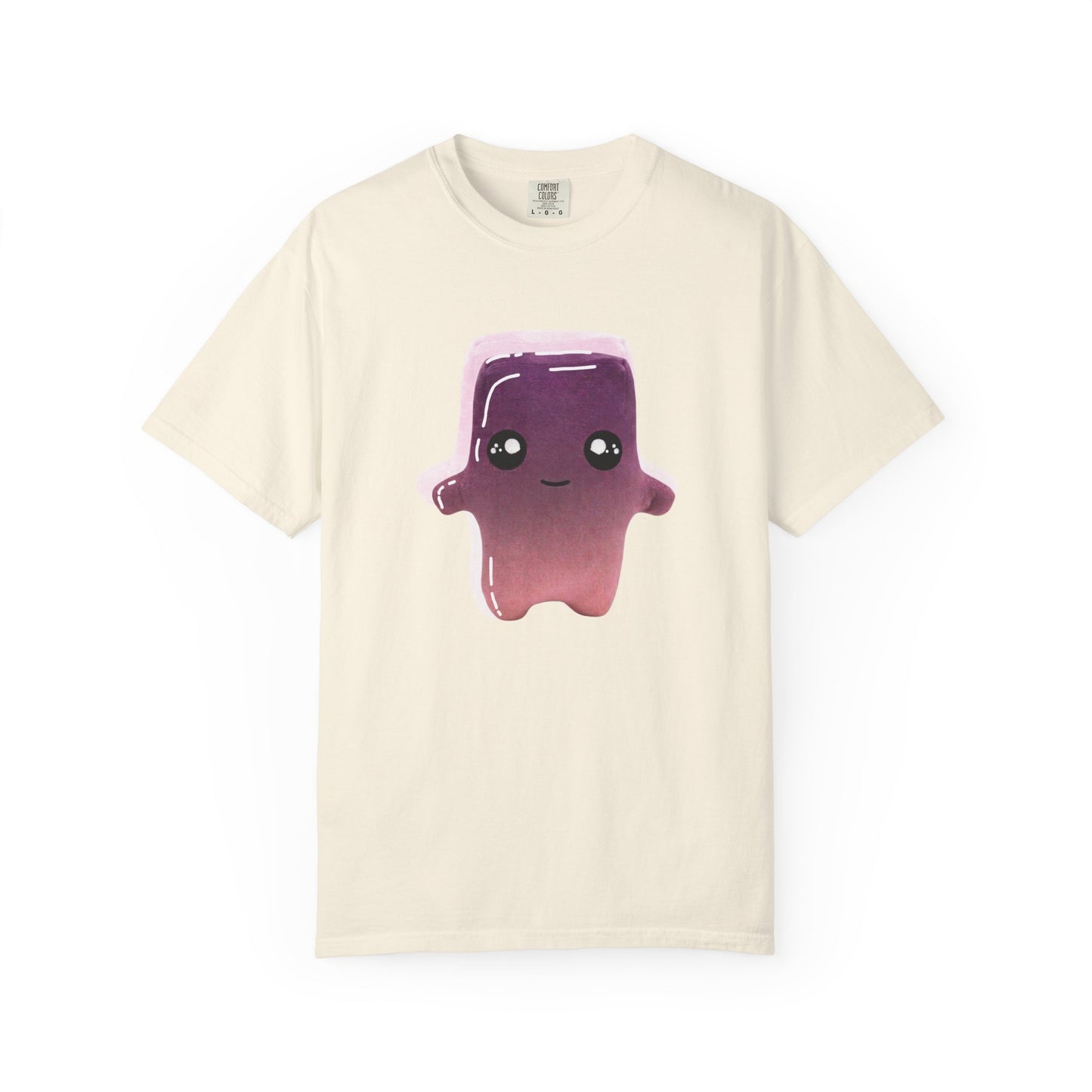   Kawaii squishy graphic tee with glossy blob character on garment-dyed cotton