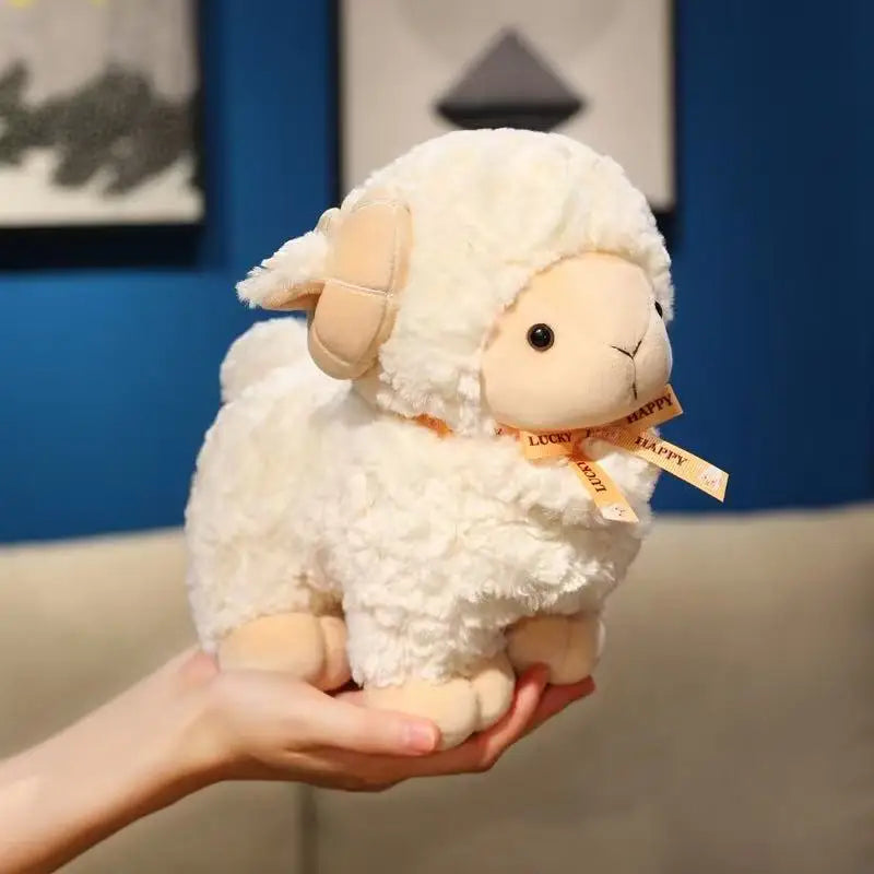 Kawaii stuffed animal sheep in brown displayed on a bedroom shelf