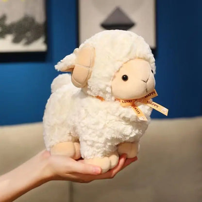 Kawaii stuffed animal sheep in brown displayed on a bedroom shelf